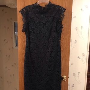 Navy lace overlay midi dress.